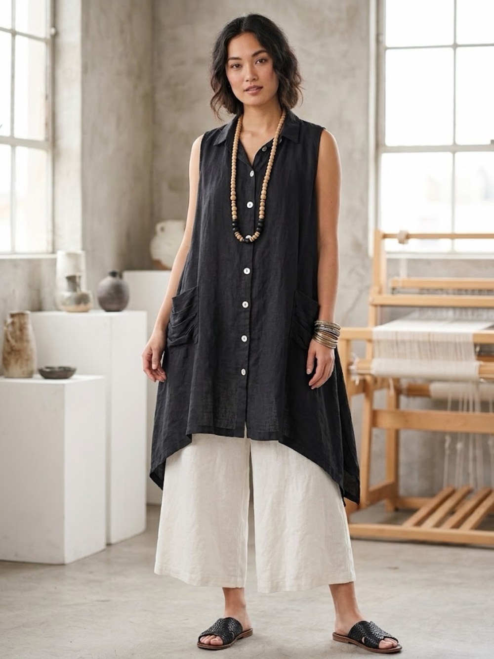 Match Point Linen Sleeveless Tunic Dress Sharkbite Hem Black Pintuck Pocket XL